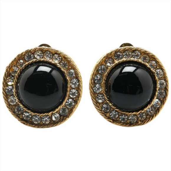 CHANEL Black Gripoix Rhinestone Round Clip-On Earrings Gold Tone Auth #7953 - Picture 2 of 5